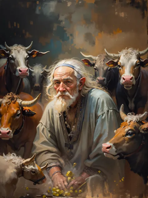 an oil painting，da vinci art style。old man among cows, messy  hair，Guviz-style artwork,，Artistic creativity:1.37,Sweet，Wonderful...