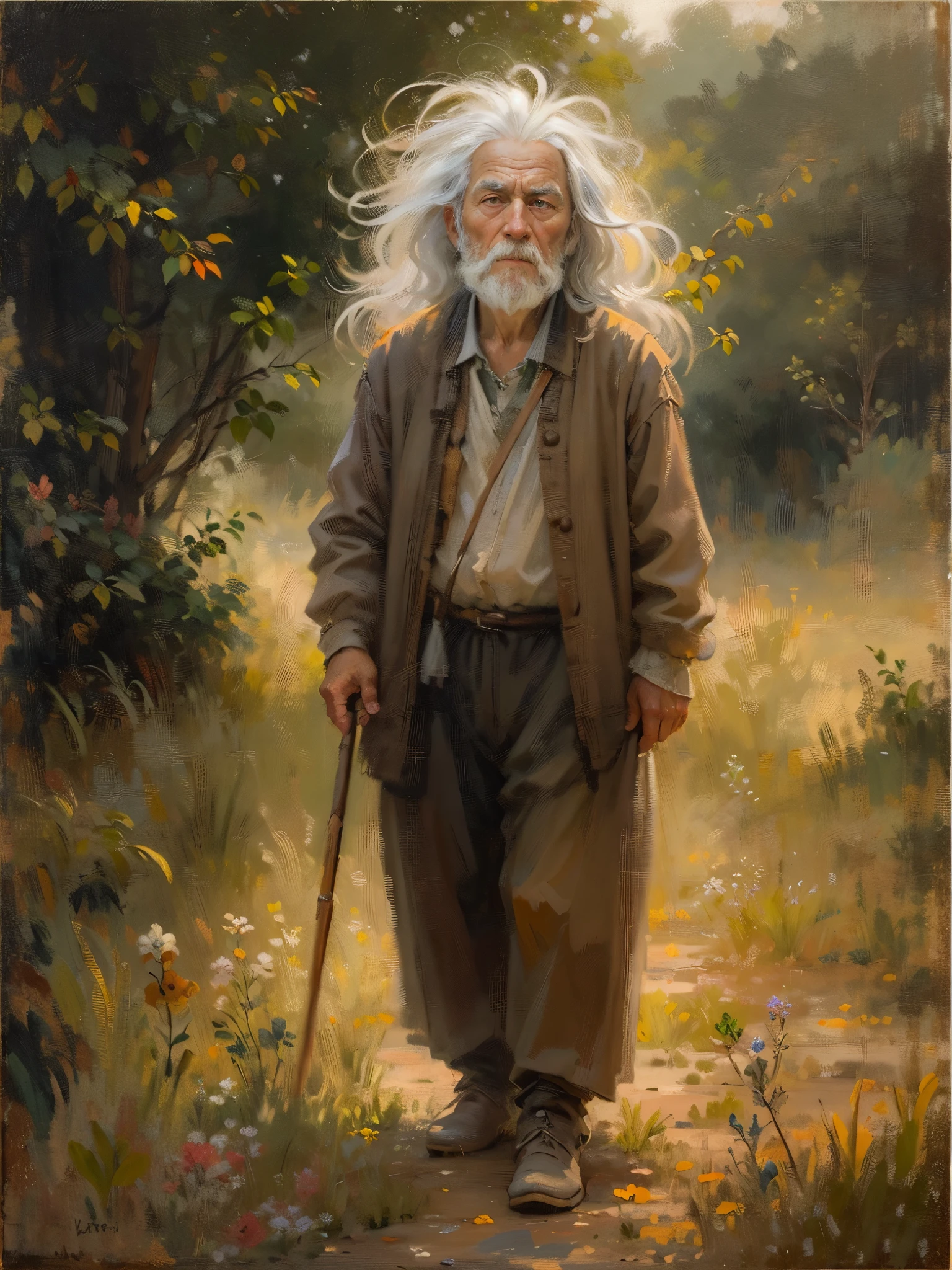 an oil painting，da vinci art style。old man in pasture, messy  hair，Guviz-style artwork,，Artistic creativity:1.37,Sweet，Wonderful and magical，Exquisite，Natural soft light， eyes，