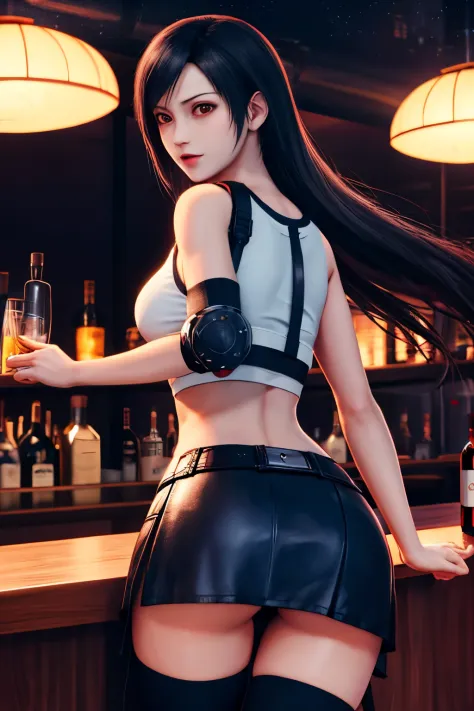 masutepiece, best quality, tifa, (red eyes:0.6), black thighhighs, taut clothes, (looking back:1.2), croptop, ass, skirt, twilig...