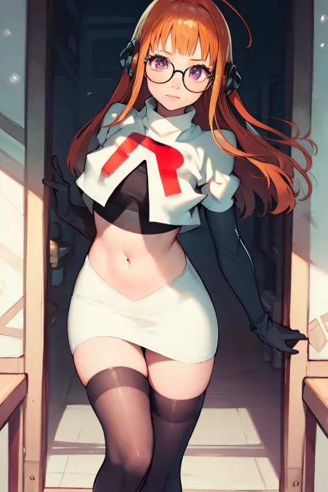 futaba sakura, orange hair, long hair, purple eyes, glasses, ahoge, team rocket, team rocket uniform, red letter R, white skirt,...