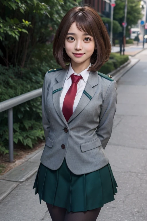 high definition, 8K, detailed face, Ochako Uraraka from My Hero Academia, full body, Deep brown eyes, (((school uniform)), pantyhose, green skirt, grey coat, tie, park, (medium breasts)), slim and thin, body of equal proportions, ((focus on her face)), front view, four fingers and 1 thumb, ((arms behind back)), Brown hair, Beautiful smile, Smiling at viewer, blushing cheeks, fringe,