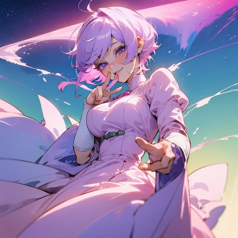 anime girl, short hair, lilac hair with pink tips, lilac eyes, white skin, wears a pink dress, has a purple bow on her chest, big breasts, dark purple eyelashes, anime, pose making a peace sign with her hands, He sticks out his tongue and winks, the setting is a sunset with the northern lights.