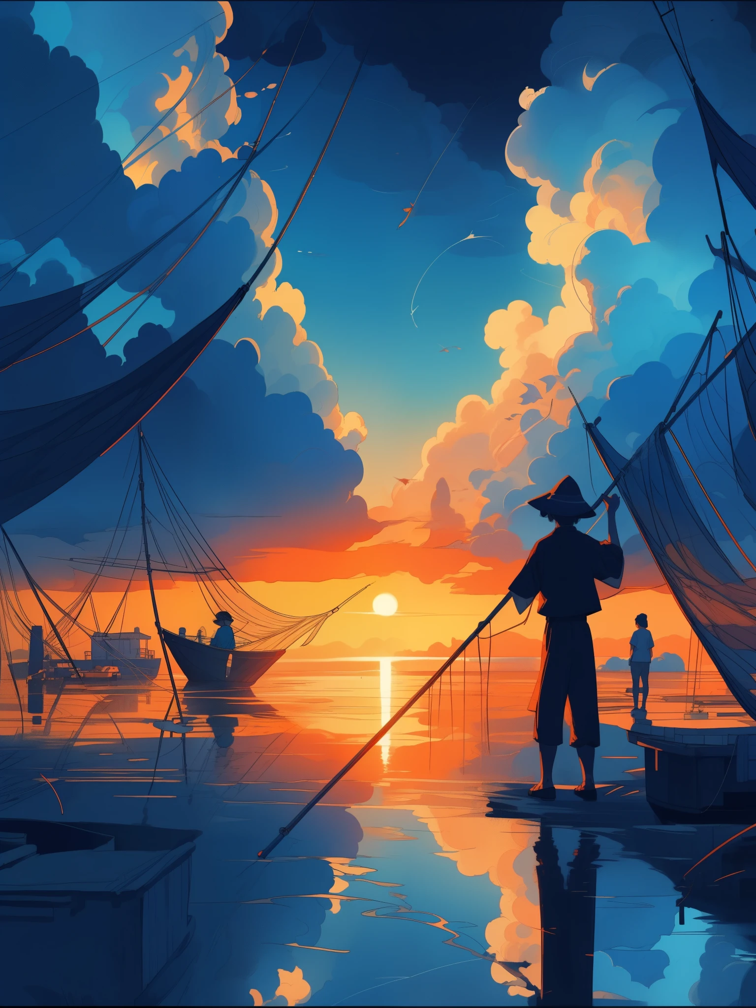 Draw an anime poster style lofi scene of chinese fisherman fishing, sunset, blue and orange tones, fish nets, cloudy magical sky, beautiful color palette, vibrant saturated colors, masterpiece, cinematic cloudy sky, no human