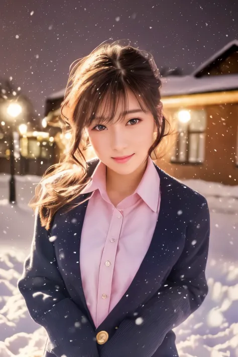 light blush,smile,
( (school uniform),blush, (snow,night lights),)
looking at viewer,beautiful woman,
 best quality, ultra high ...