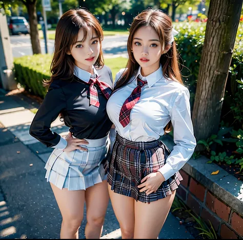 top-quality, 8K picture quality, ​masterpiece, A hyper-realistic, (Two girls side by side:1.2), Perfect body and firm big breasts, Bright whitening skin, A skin-tight white stretch blouse with a deep red ribbon tie., Micro mini pleated tartan check skirt, ...
