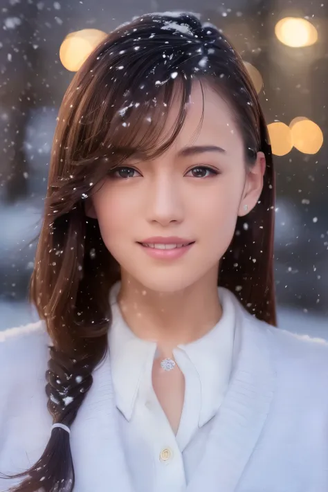 smile, ( (school uniform), (snow,night lights),) looking at viewer,beautiful woman, best quality, ultra high res, (photorealisti...