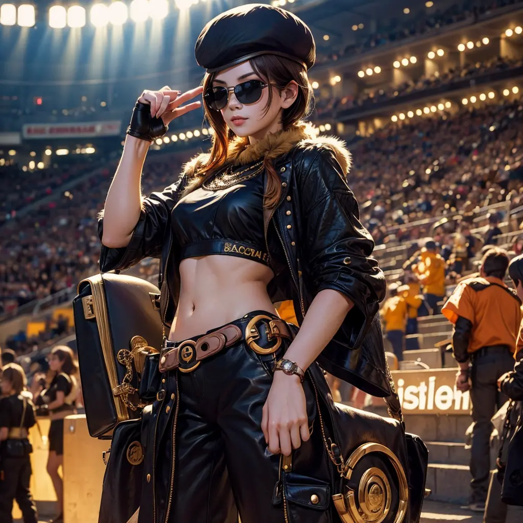 (masterpiece, best quality:1.2), cowboy shot, solo, 1girl, coco adel, grin, looking at viewer, hand on hip, beret, sunglasses, o...