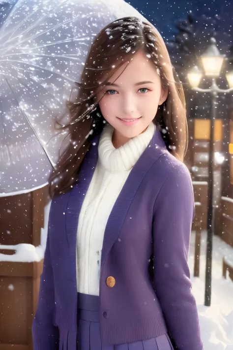 smile, ( (school uniform), (snow,night lights),) looking at viewer,beautiful woman, best quality, ultra high res, (photorealisti...