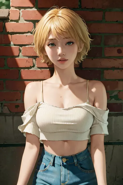 best quality, upper body,intricate details, chromatic aberration,1girl,bare shoulder, short hair, yellow hair,short  hair, cinem...