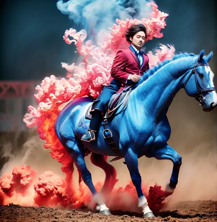 best quality at best，tmasterpiece，超高分辨率，（fidelity：1.4），raw photogr，shiny horse，running horses，colored smoke，glowing hairs