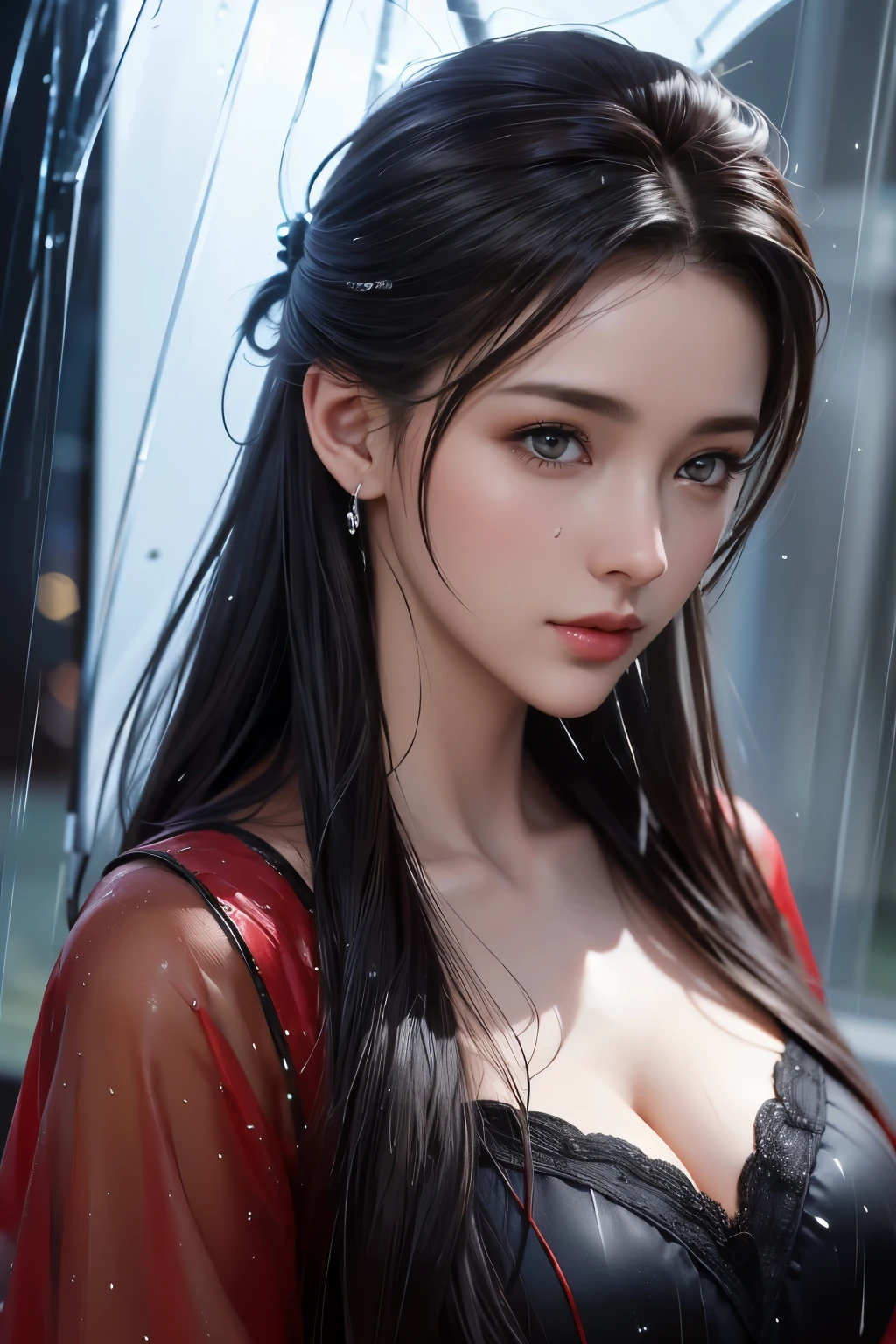 tmasterpiece，Best quality，A high resolution，8K，((Portrait))，(Head close-up)，Original photo，real photo，digital photography，( women in a modern style)，( maidens)，20岁女孩，random hair style，((Red eyeig breasts)， jewelry，Keep your mouth shut，Beautiful Elegant，((Shy))，Be red in the face，Noble and charming，(Wear in fashion)，(Get wet in the rain)，(Soaked to the skin)，Photo pose，Modern characters，Realistic style，rainy days，City background in rain，oc render reflection texture