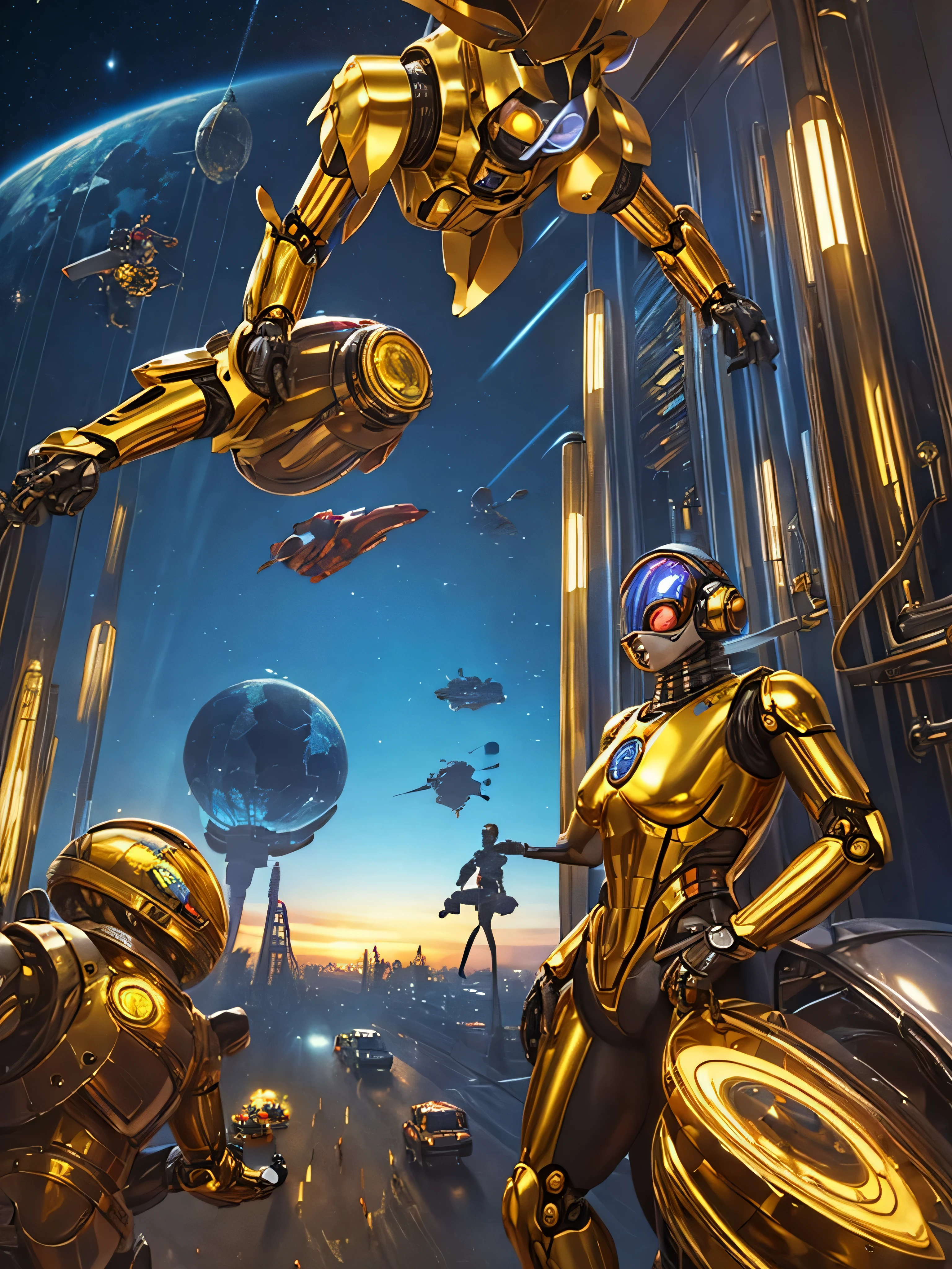 (masterpiece, best quality:1.33), A realistic and immersive digital illustration of an artificial intelligence monkey girl /robot made of glass/gold, having its own unique adventures. The monkey-robot is autonomous, curious and creative, In the illustration, we see the monkey-robot as it explores and navigates planet Earths city of San Francisco. It encounters and investigates various elements best quality 8k art by Ray Shark