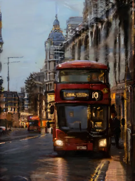 arafed double decker bus on a city street at dusk, london bus, london, london streets in background, in london, buses, the fabul...