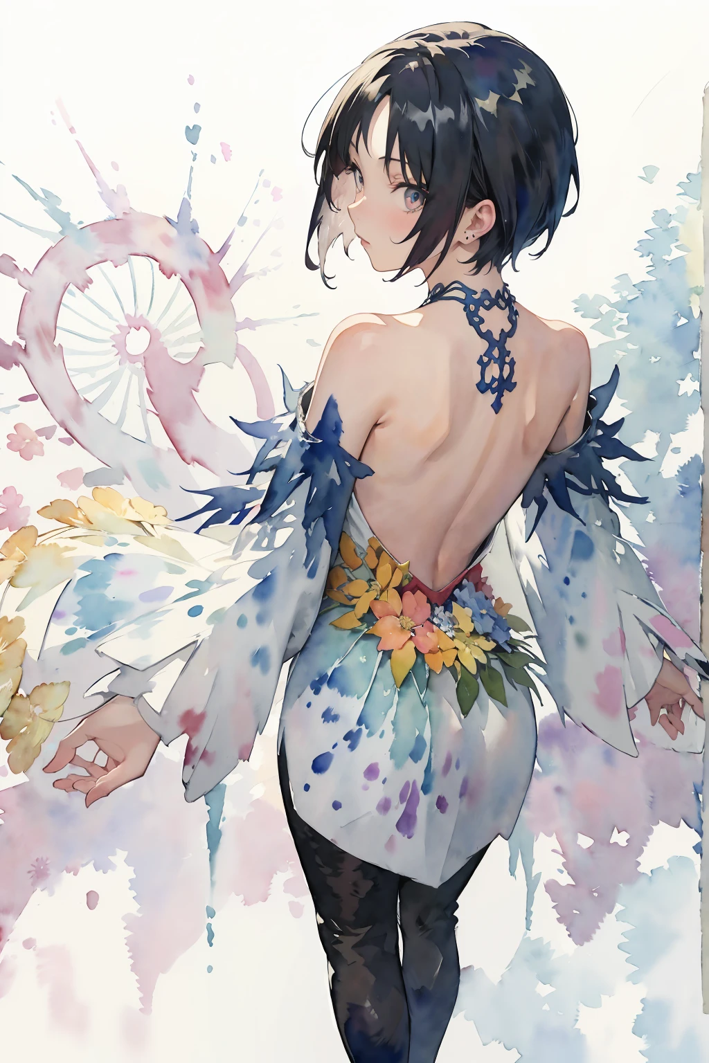 (masutepiece, Best Quality:1.2),
girl,Flowers, (watercolor paiting: 1.6), (Fractal Art: 1.3), Colorful,  Piercing,Beauty in return, Back,National Costume,
Looking at Viewer, Back shot, Full body,
break white Background