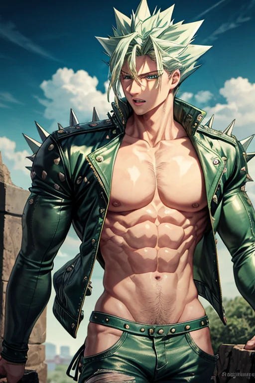 Highly detailed, (masterpiece), best quality, expressive eyes, perfect face, 1man, Long messy spiky wavy green raising hair, Cloud_Strife Green hair, green eyes, Bulky Body Builder Masculine body, Green leather Jacket & Jeans