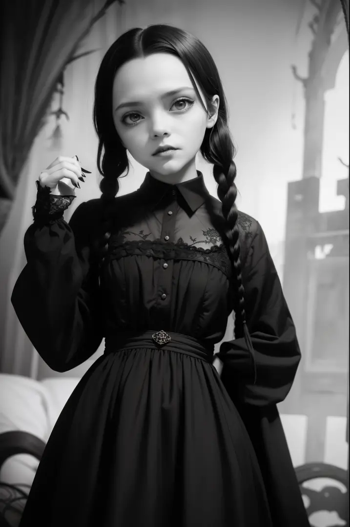 KT1973: a full body portrait of baby wednesday addams, black eyes, pouty  mouth, pale, black two braided hair, angry expression, black dress, white  collar, striped stockings