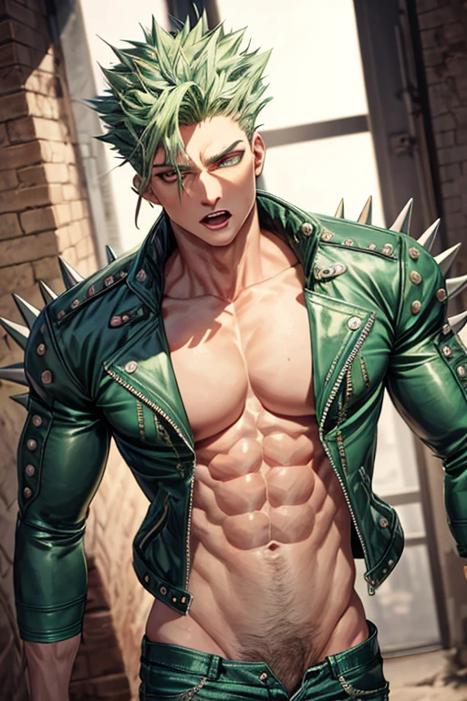 Highly detailed, (masterpiece), best quality, expressive eyes, perfect face, 1man, spiky wavy raising hair, Green hair, green eyes, Bulky Body Builder Masculine body, Green leather Jacket & Jeans