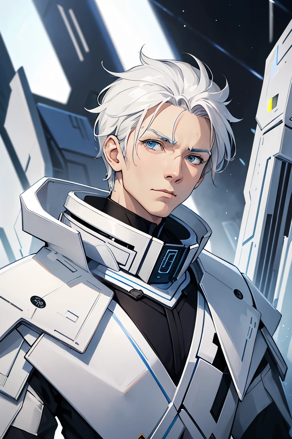 Ein alter Mann mit weißem Haar und futuristischer Rüstung。Ein alter Krieger。Weißer Augenbrauen-Anzug。Interstellar style。