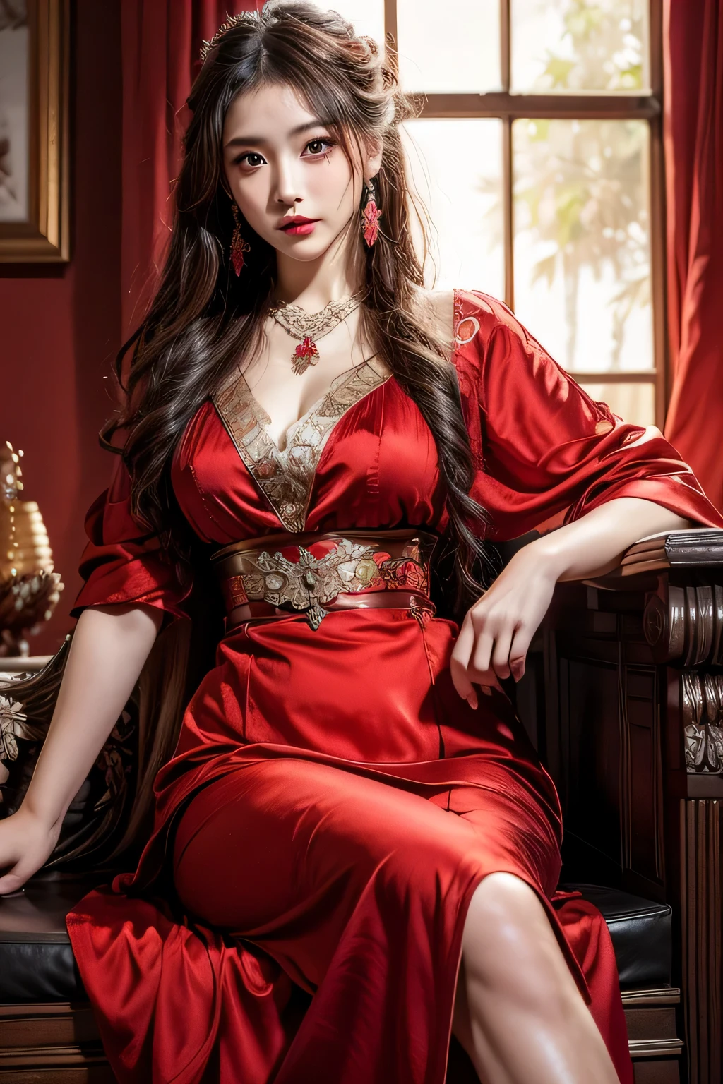 4K，A high resolution，tmasterpiece，Best quality，sit on chair，pretty legs，classic style skirt，Red dress，curlies，dear，Obsessed，Imperial sister，Breaking through the sky