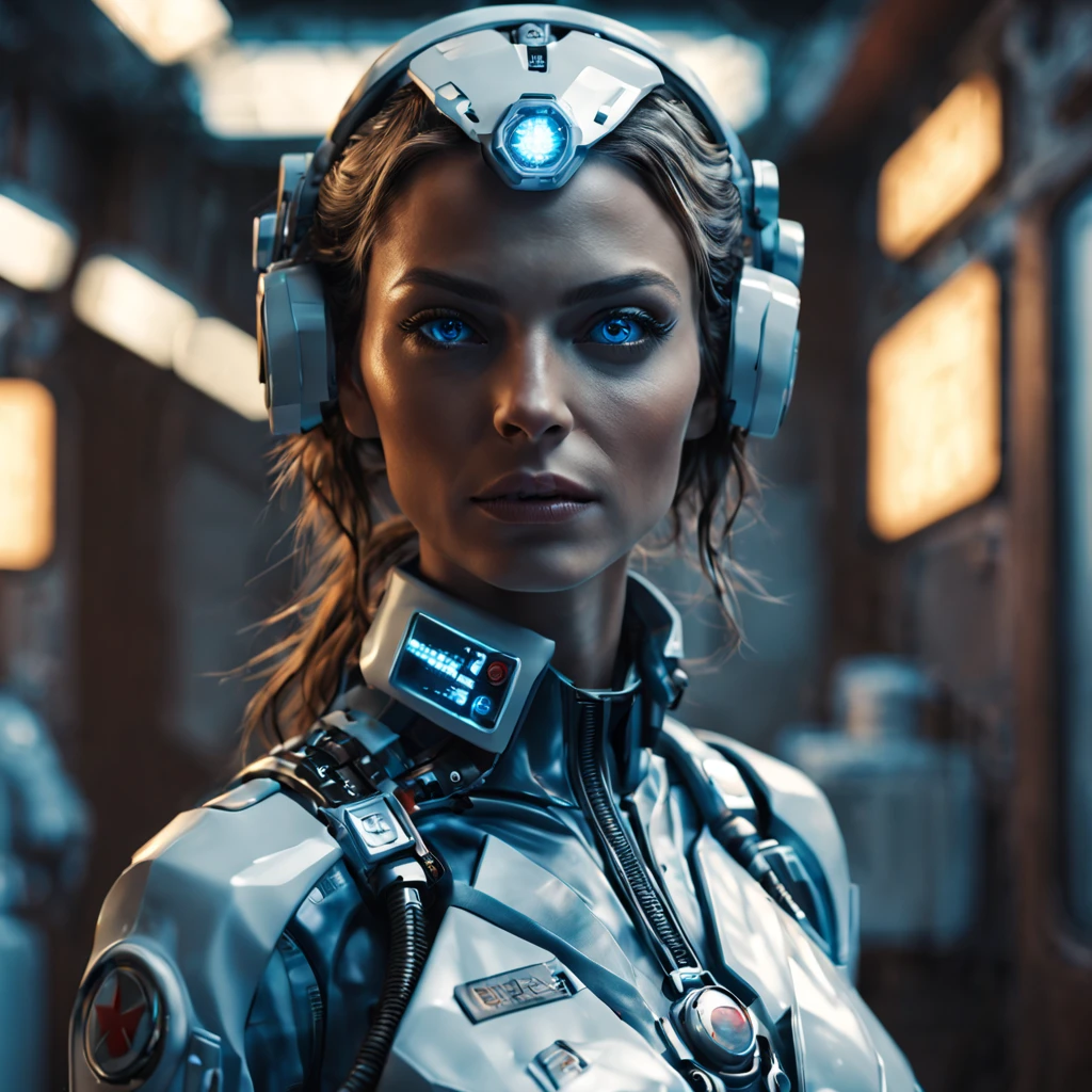 Cinematic Waist Up Portrait of gorgeous female cyborg nurse in a small city clinic, detailed face, detailed cybernetic enhanced blue retinas, insanely detailed and intricate scene and cybernetic limbs, donning field  medic jumpsuit, ultra high resolution, octane render, octane lighting, cybernetic clear faceshield