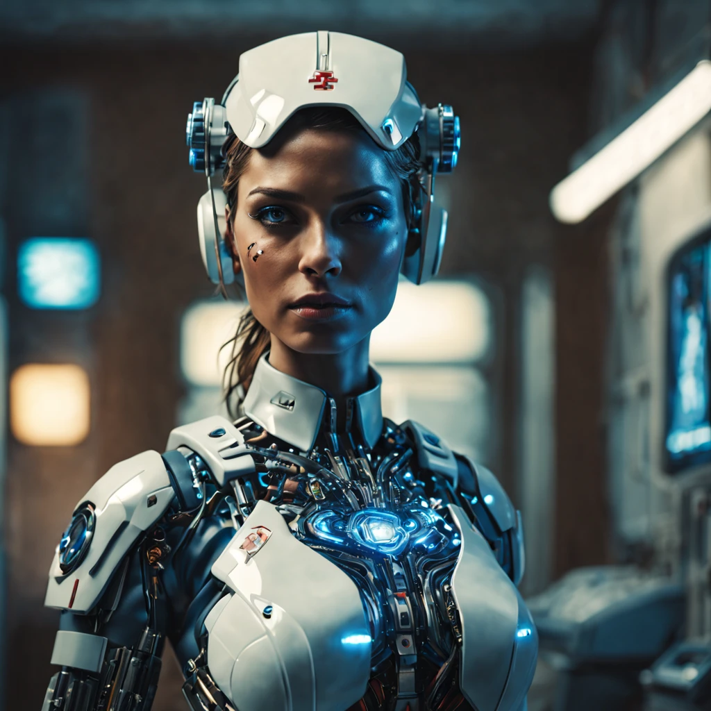 Cinematic Waist Up Portrait of gorgeous female cyborg nurse in a small city clinic, detailed face, detailed cybernetic enhanced blue retinas, insanely detailed and intricate scene and cybernetic limbs, donning field  medic jumpsuit, ultra high resolution, octane render, octane lighting, cybernetic clear faceshield