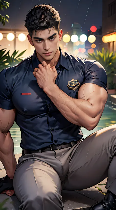 20-year-old boy, Korean male officer, handsome ,Wear a dark navy short-sleeved shirt..., Dark navy trousers, Black boots and dark navy gloves, sit on the ground, His legs spread apart..., Police Logo, tight breasts, Muscle Man, ((The arm muscles are very l...