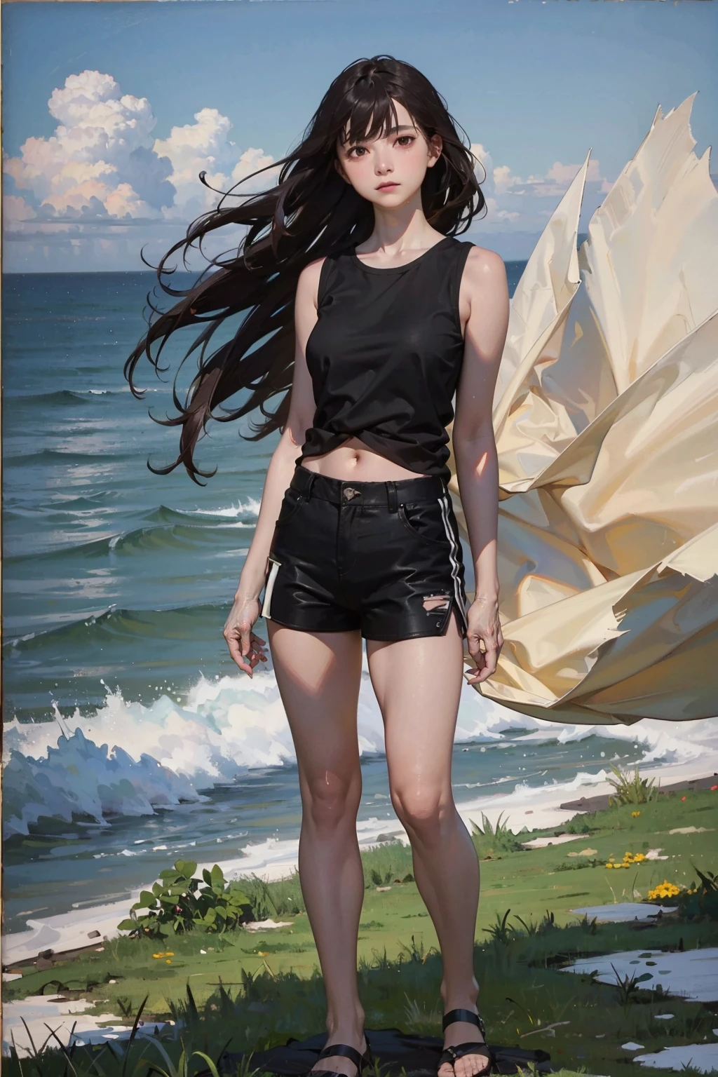 (FULL BODYSHOT、an oil painting、​masterpiece、top-quality、hight resolution、Dark hair、Super long hair、Bangs are aligned、Bad mood、Blue shirt、sleeveless black shorts、Sweaty skin、coast sky、lightly dressed、