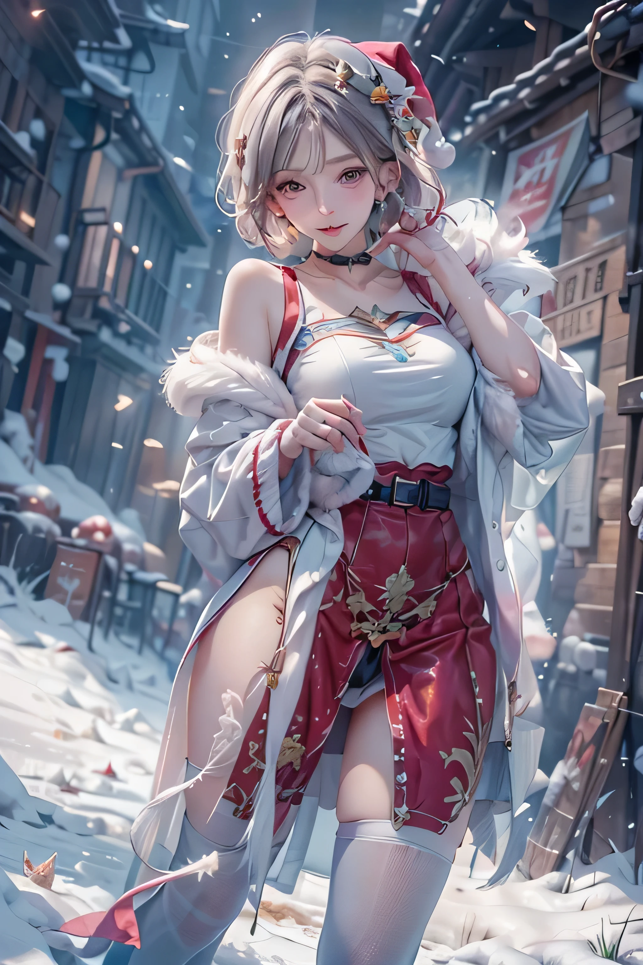 (top-quality,8K picture quality,​masterpiece:1.3,hight resolution,masutepiece:1.2), (Back alley),snowscape,Ice magician in a white Santa suit,Niō Standing,Looking at the camera,(ssmile:1.2), ((crazy magic)), (Very beautiful fantasy background),(Red Santa Hats,Ultra mini skirt,Stockings,a choker,long boots:1.2), Bondage Fashion,sexy panty,I can see my panties,(Short bob hair),portraitures, Vivid colors, Intense lighting, brushstrokes, Ethereal Atmosphere, charmed, charmedされる景色, fascinated expression, Mystical, Intricate details, (Bold pose with open legs,dynamicposes:1.4),captivating moment, Flickering snow, crystalline ,Icicles,magic elements, ethereal glow, Transcendent, Harmonic color palette,Erotic art. Art Book. Art Book. Fantasy Art, (Young gravure idols, Young skinny gravure idol, sophisticated gravure idol),(detailed flawless face),normal hands,Normal finger,Normal legs