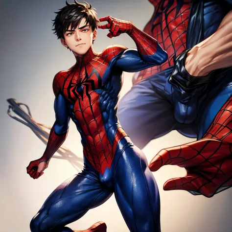 Spiderman, without mask, 20yo, shirt ripped, six packs, without pants, veiny dick