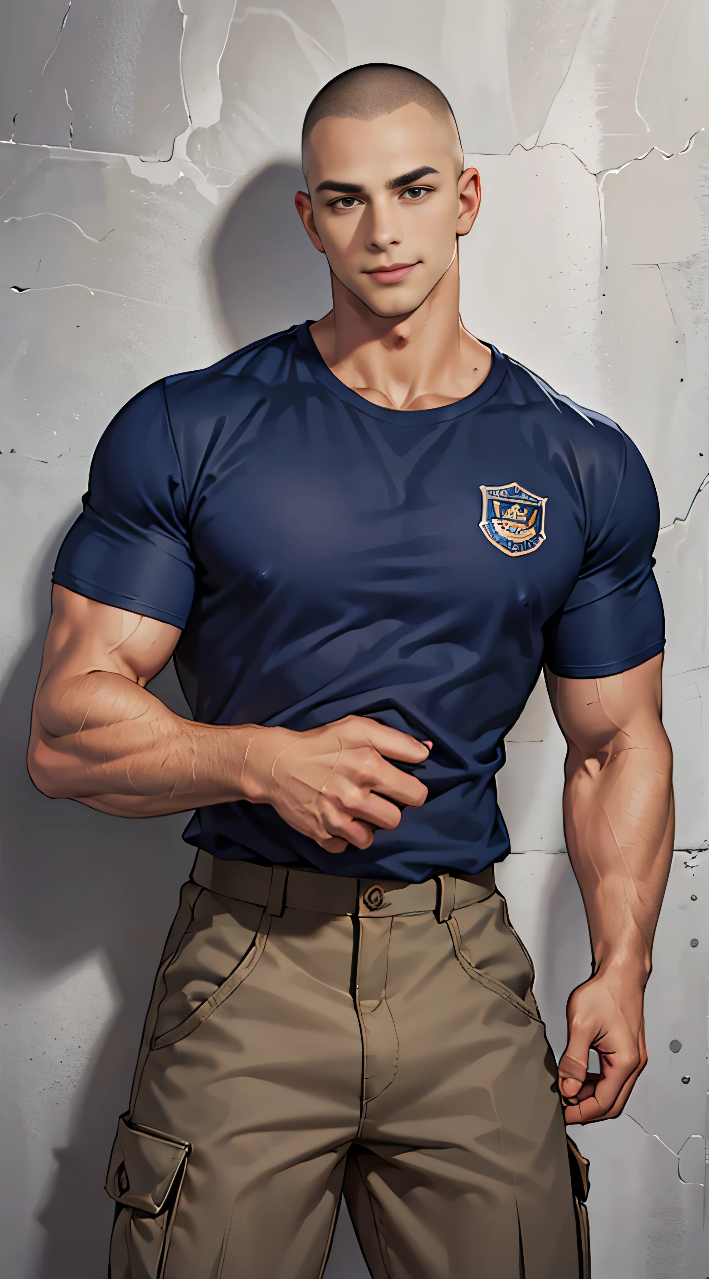 (Obra maestra: 1.2),(ARTE CGI:1.3),(Realista:1.5),(Postprocesamiento:1.3),(enfoque nítido:1.3),10,1 hombre ,cuerpo completo, sonrisa, (Viste una camisa azul marino con dobladillo..), Logotipo de la policía, Pantalones cargo azul marino, uniforme de policia, (Cabeza rapada con corte redondo y rayita), Los skinheads tienen cortes de pelo.., Cono de pelo negro, joven coreano , hombres coreanos, (Detalle de sombra alta), Musculos pectorales, músculos grandes del brazo, vaso sanguíneo, grandes musculos, Hombros anchos , Ejercicio