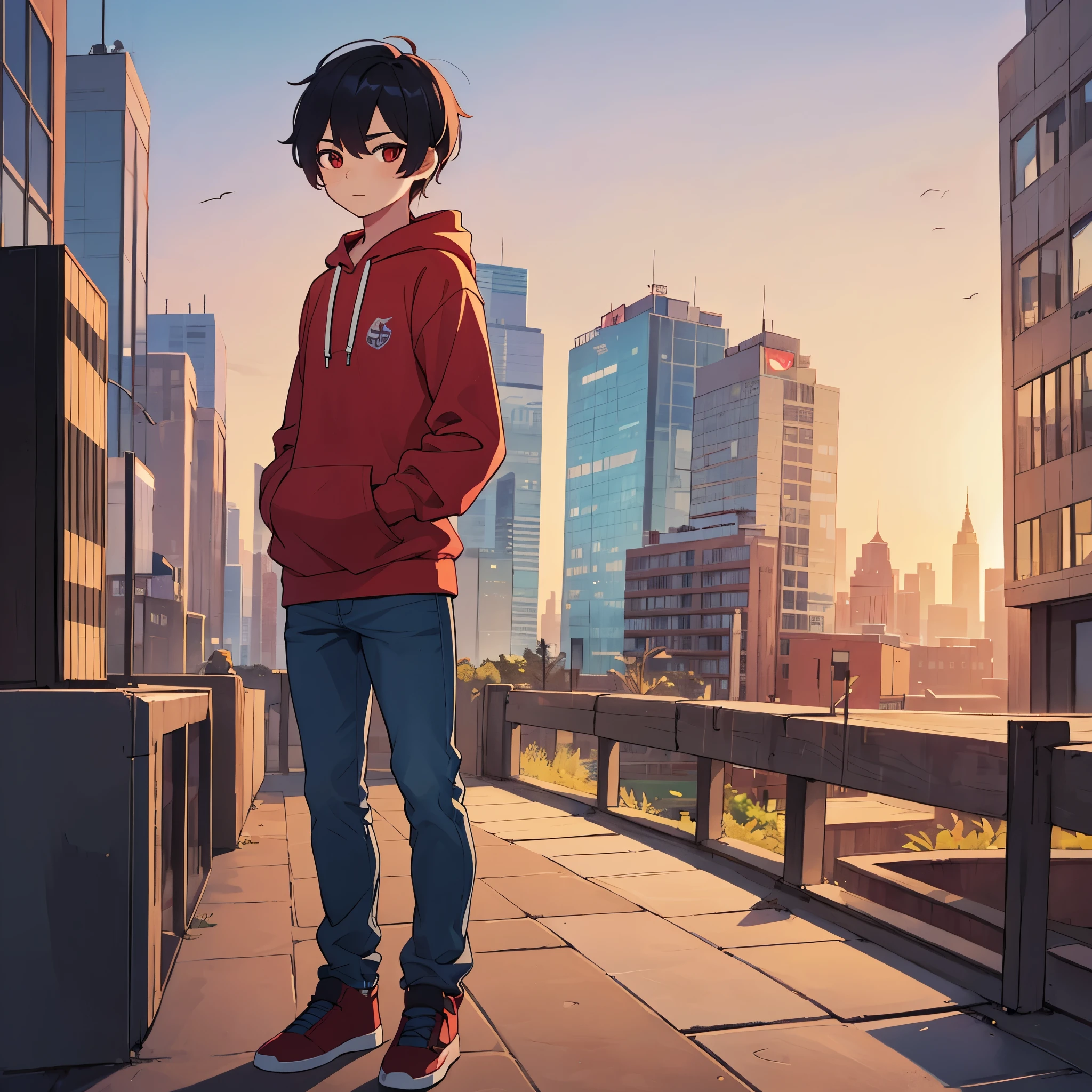 1boy, only one boy, just one boy, wearing a hoodie and jeans, tall body, pixie cut, red eyes, medium shot, at city, a little muscular, looking at the viewer