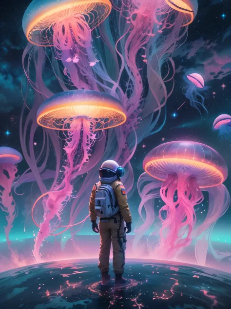 Astronaut observes glowing jellyfish floating in the Milky Way, Charming and magical, magnificent and colossal proportions, Emit...