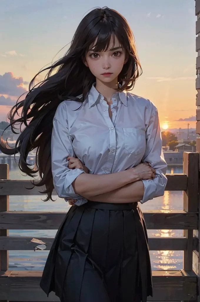 (FULL BODYSHOT、an oil painting、​masterpiece、top-quality、hight resolution、Dark hair、Super long hair、Bangs are aligned、Bad mood、Bl...