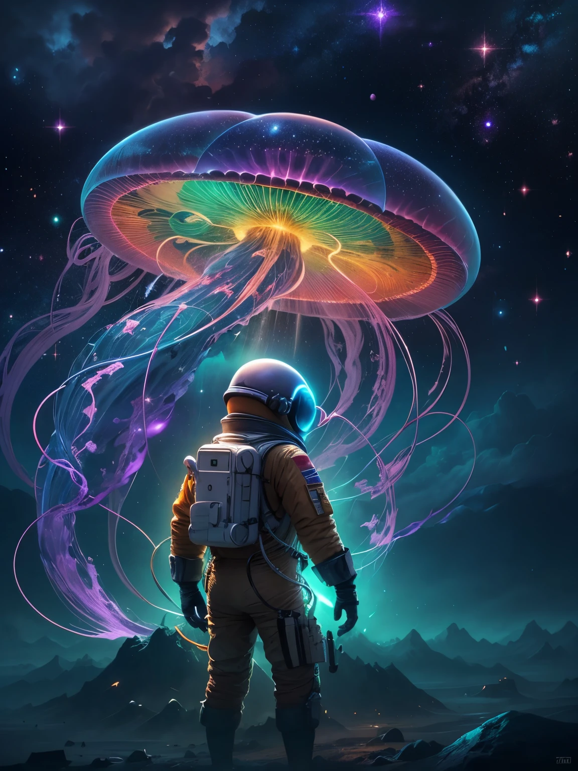 paisagem de fantasia，Astronauta observa medusas brilhantes flutuando na Via Láctea, Charmoso e mágico, proporções magníficas e colossais, Emite luz ionizada vibrante. (Melhor qualidade na melhor das hipóteses, Uma alta resolução:1.2), ultra-detalhado, realisticamente:1.37, Meio Ethernet, criatura celestial cintilante, beleza sobrenatural, bioluminescent glasses, uma água-viva cósmica, vibrante com cores, luminosidade interestelar