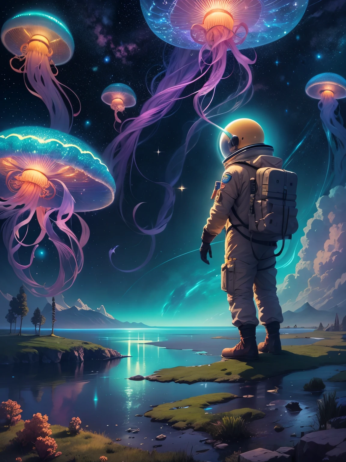 paysage fantastique，Un astronaute observe des méduses lumineuses flottant dans la Voie lactée, Charmant et magique, proportions magnifiques et colossales, Émet une lumière ionisée vibrante. (Meilleure qualité, Une haute résolution:1.2), ultra - détaillé, De façon réaliste:1.37, Support Ethernet, créature céleste étincelante, beauté d&#39;un autre monde, lunettes bioluminescentes, une méduse cosmique, couleurs vives, luminosité interstellaire