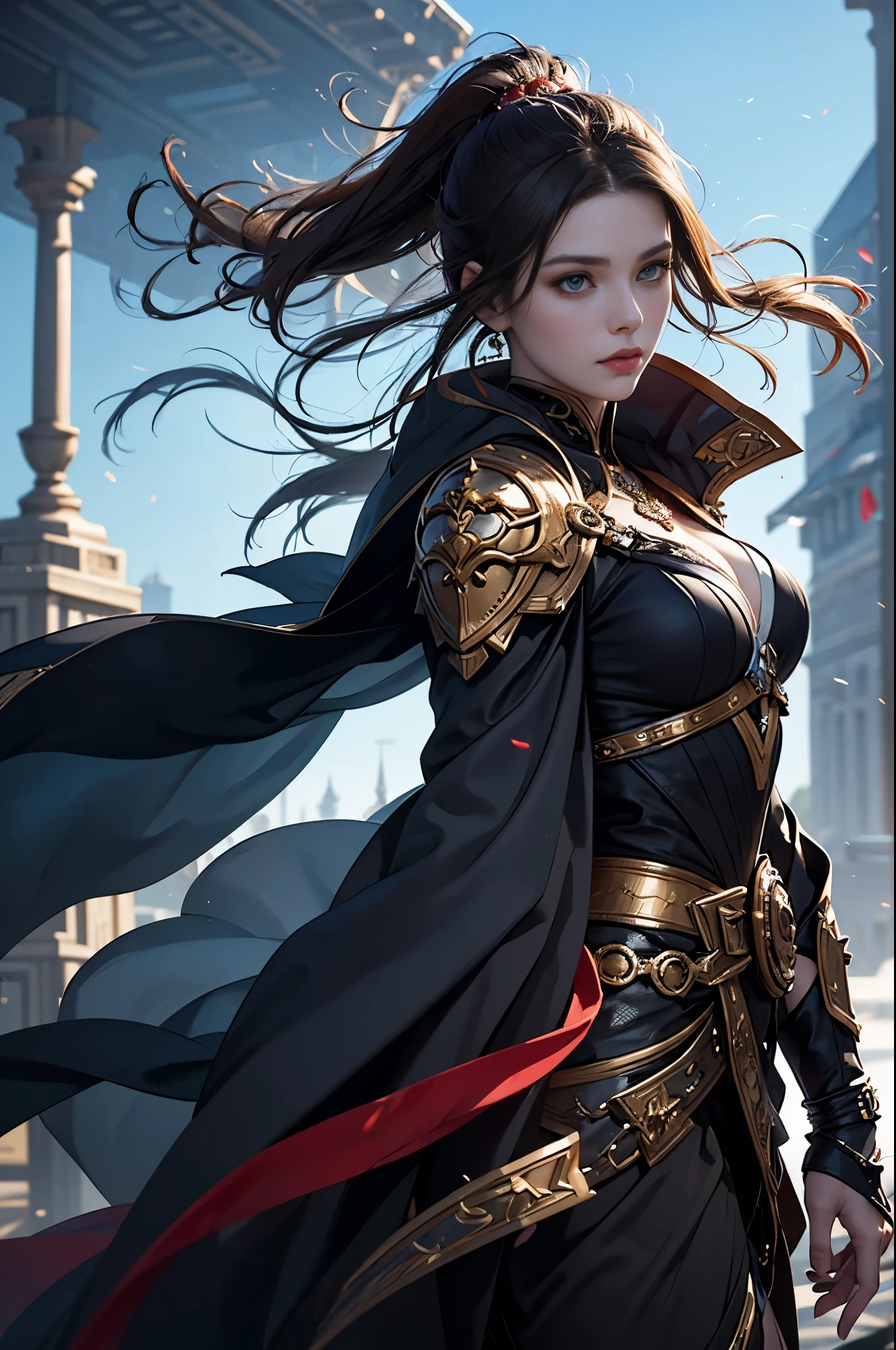 Arab woman in black and red costume、, a character portrait by Yang J, cg society contest winner, Fantasy Art, epic exquisite character art, Stunning character art, redhead queen in heavy red armor, 2. 5 d cgi anime fantasy artwork, epic fantasy art style, ig model | ArtGerm, epic fantasy digital art style, Battlefield Commander,A woman in her 30s who boasts unparalleled beauty, Invincible female general, brave, Awe-inspiring Hall々, extremely detailed and beautiful eyes, perfect supermodel body, Slender body, Cloak wrapped in the wind, Battle Master, Veteran Warrior, incarnation of athena, Best Quality, Perfect Angle, perfect-composition, Best Shots, Official art, ciinematic light