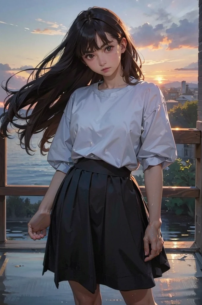 (FULL BODYSHOT、an oil painting、​masterpiece、top-quality、hight resolution、Dark hair、Super long hair、Bangs are aligned、Bad mood、Blue shirt、Black skirt、Sweaty skin、Sunset sky、Thick