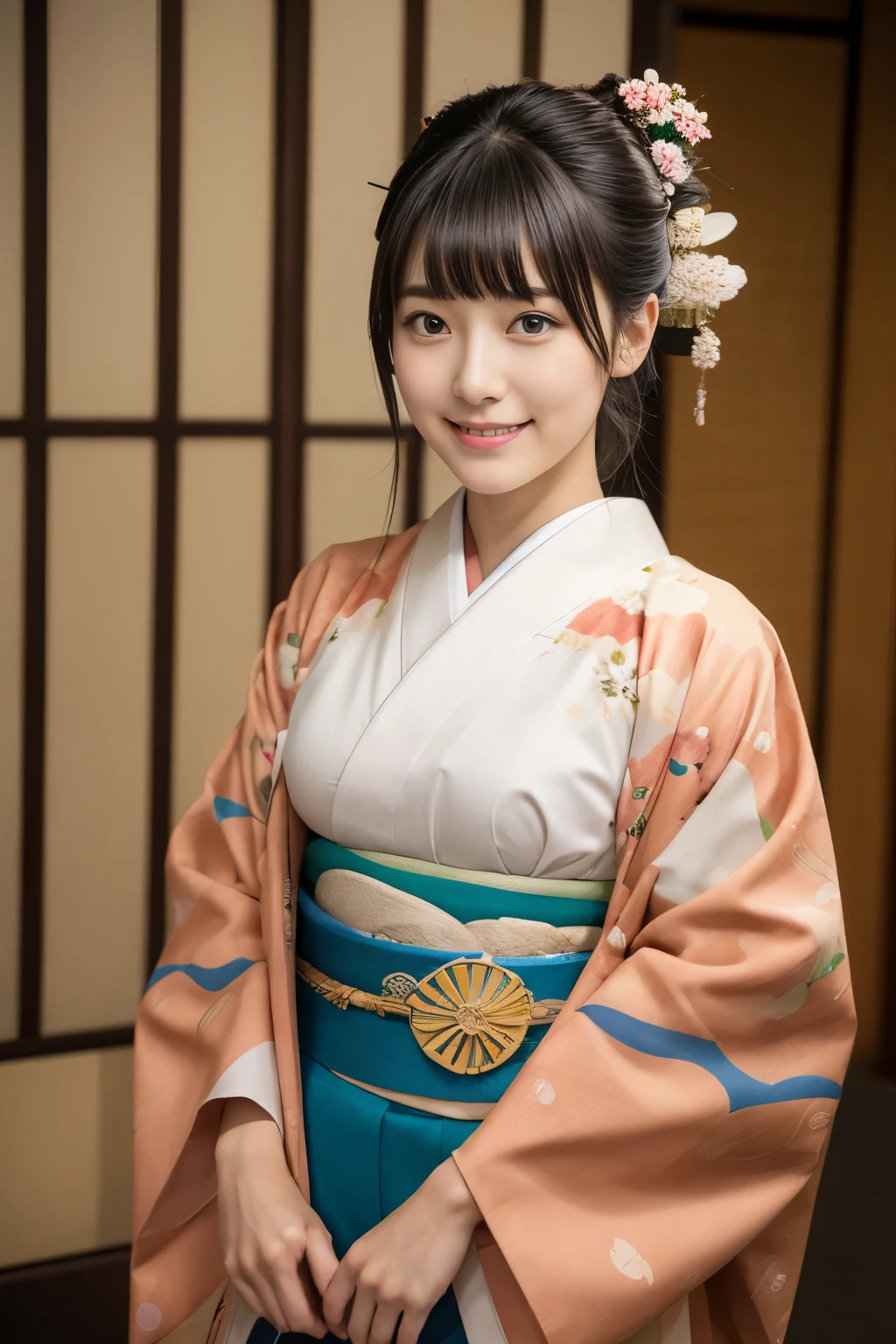 1 beautiful Japan model, 15-year-old female model,  4K、An ultra-high picture quality、bangss、A dark-haired、Kyo-Yuzen、(Kimono, Furisode、Floral pattern in Japanese style:1.5)、(Super cute face in idol style:1.4)、slim and beautiful figure、beutiful breast、A smile、full body Esbian:1.2、