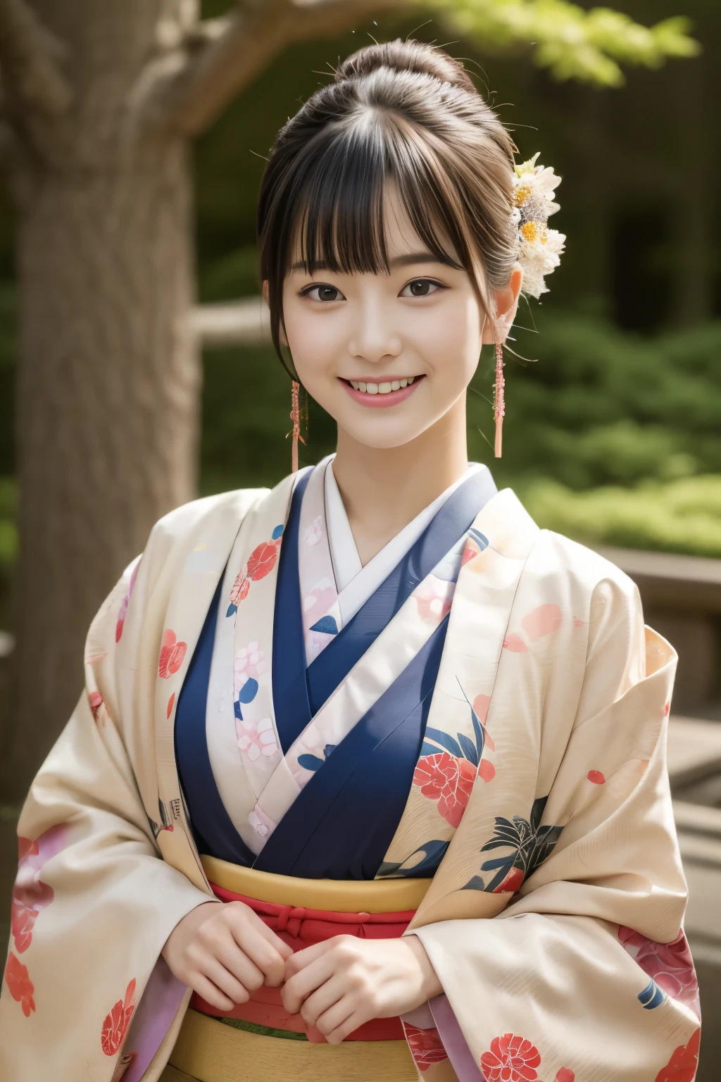 1 linda modelo japonesa, Modelo feminina de 15 anos,  4K、Uma qualidade de imagem ultra-alta、franja、Um moreno、Kyo-Yuzen、(quimono, Furisódio、Padrão floral em estilo japonês:1.5)、(Rosto super fofo no estilo ídolo:1.4)、figura esbelta e bonita、lindo peito、Um sorriso、corpo inteiro Esbian:1.2、