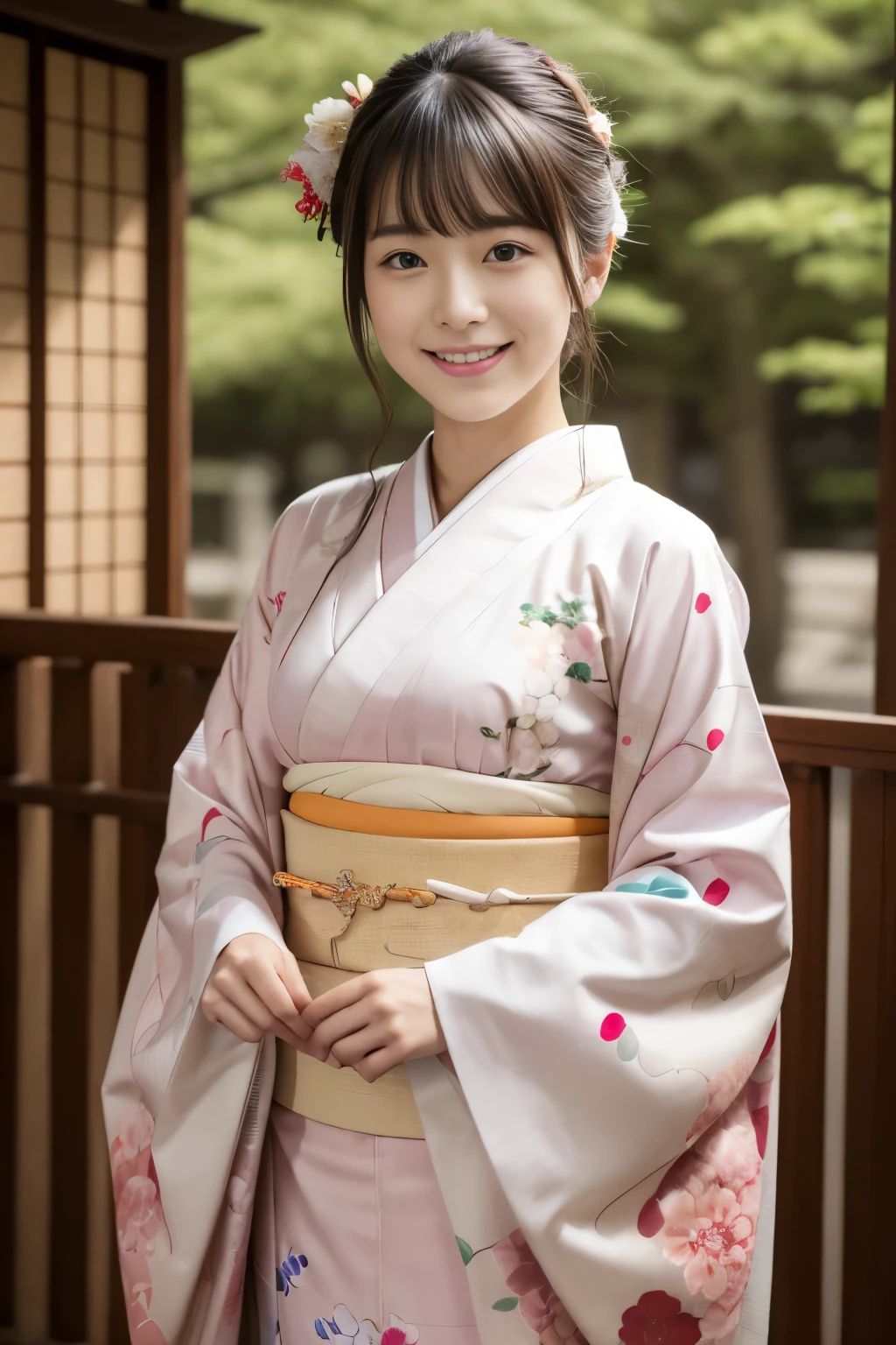 1 beautiful Japan model, 15-year-old female model,  4K、An ultra-high picture quality、bangss、A dark-haired、Kyo-Yuzen、(Kimono, Furisode、Floral pattern in Japanese style:1.5)、(Super cute face in idol style:1.4)、slim and beautiful figure、beutiful breast、A smile、full body Esbian:1.2、