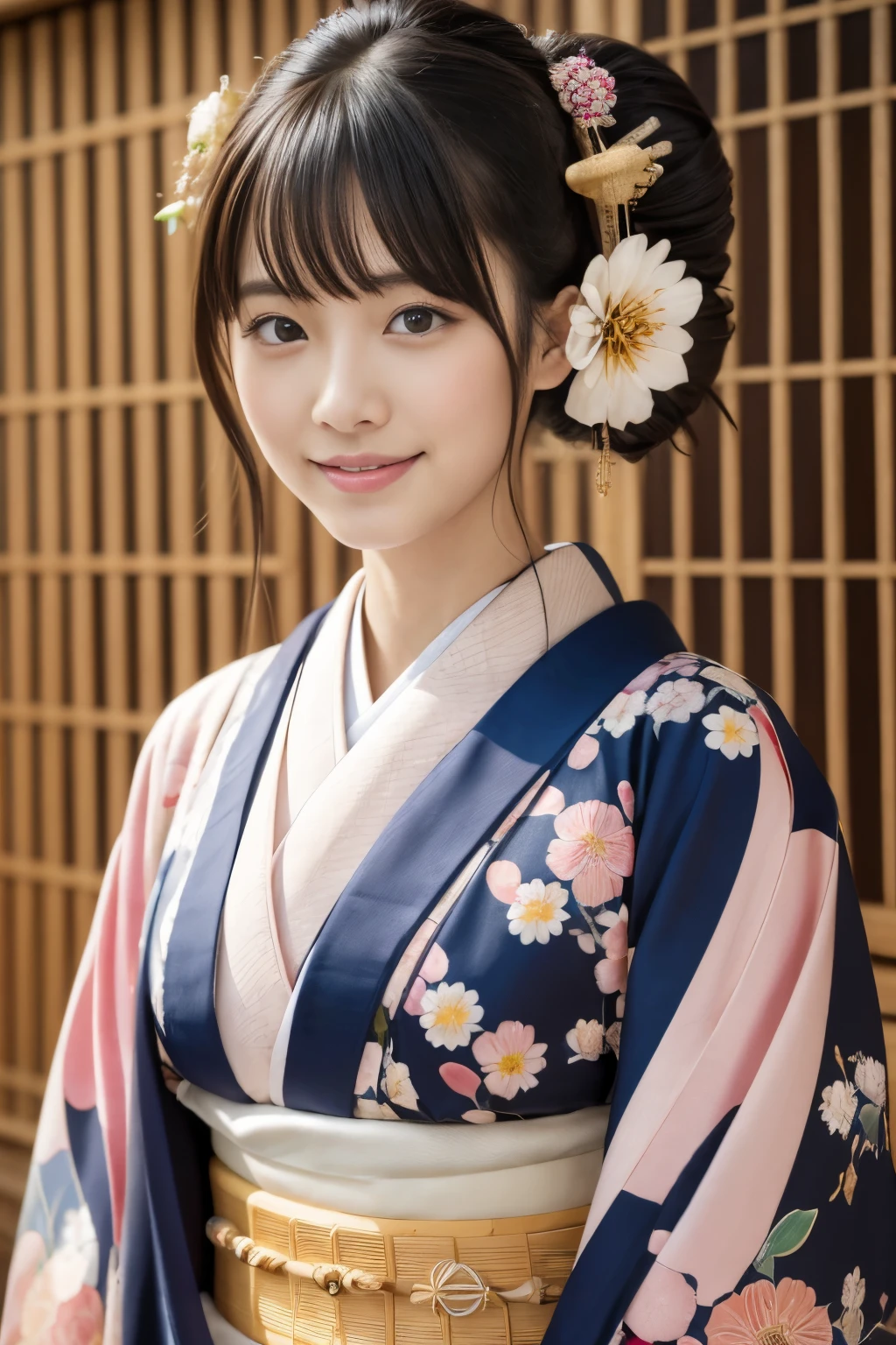 One beautiful Japan model, 15-year-old female model,  4K、An ultra-high picture quality、bangss、A dark-haired、Kyo-Yuzen、(Kimono, Furisode、Japanese style flower pattern:1.5)、(Super cute face in idol style:1.4)、slim and beautiful figure、beutiful breast、A smile、full body Esbian:1.2、