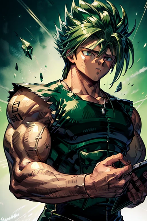 Highly detailed, (masterpiece), best quality, expressive eyes, perfect face, 1man, Long messy spiky wavy green raising hair, Cloud_Strife Green hair, green eyes, Bulky Body Builder Masculine body, Green leather Jacket & Jeans