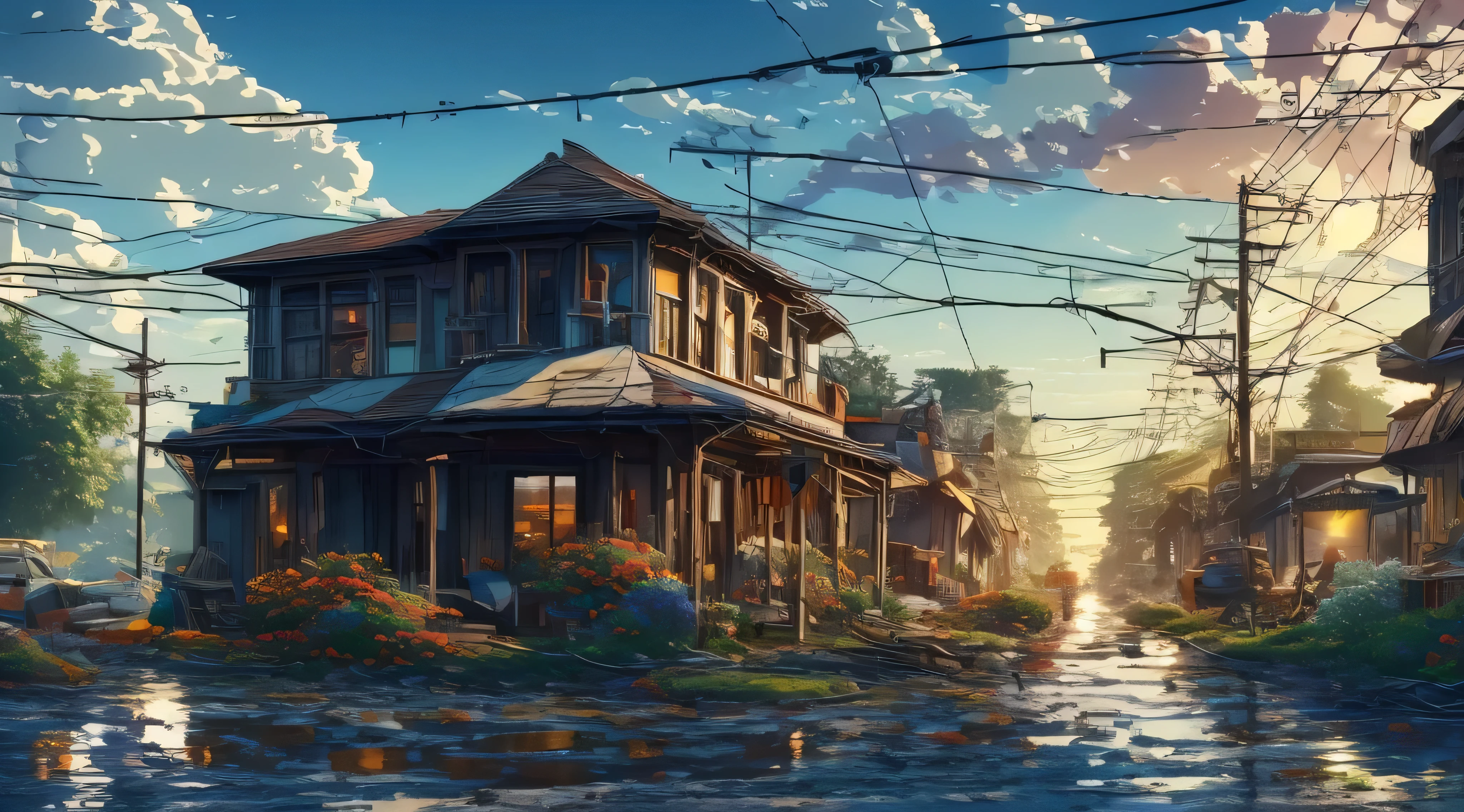 very cozy little place, hyper realism, (anime Makoto Shinkai:0.4), old shabby house in city street, home wiring, outdoors, sky, cloud, day, scenery, tree, blue sky, building, sign, wires, railing, wide shot, utility pole, town, wilderness, flowers, a lot of utensils lying around in a mess