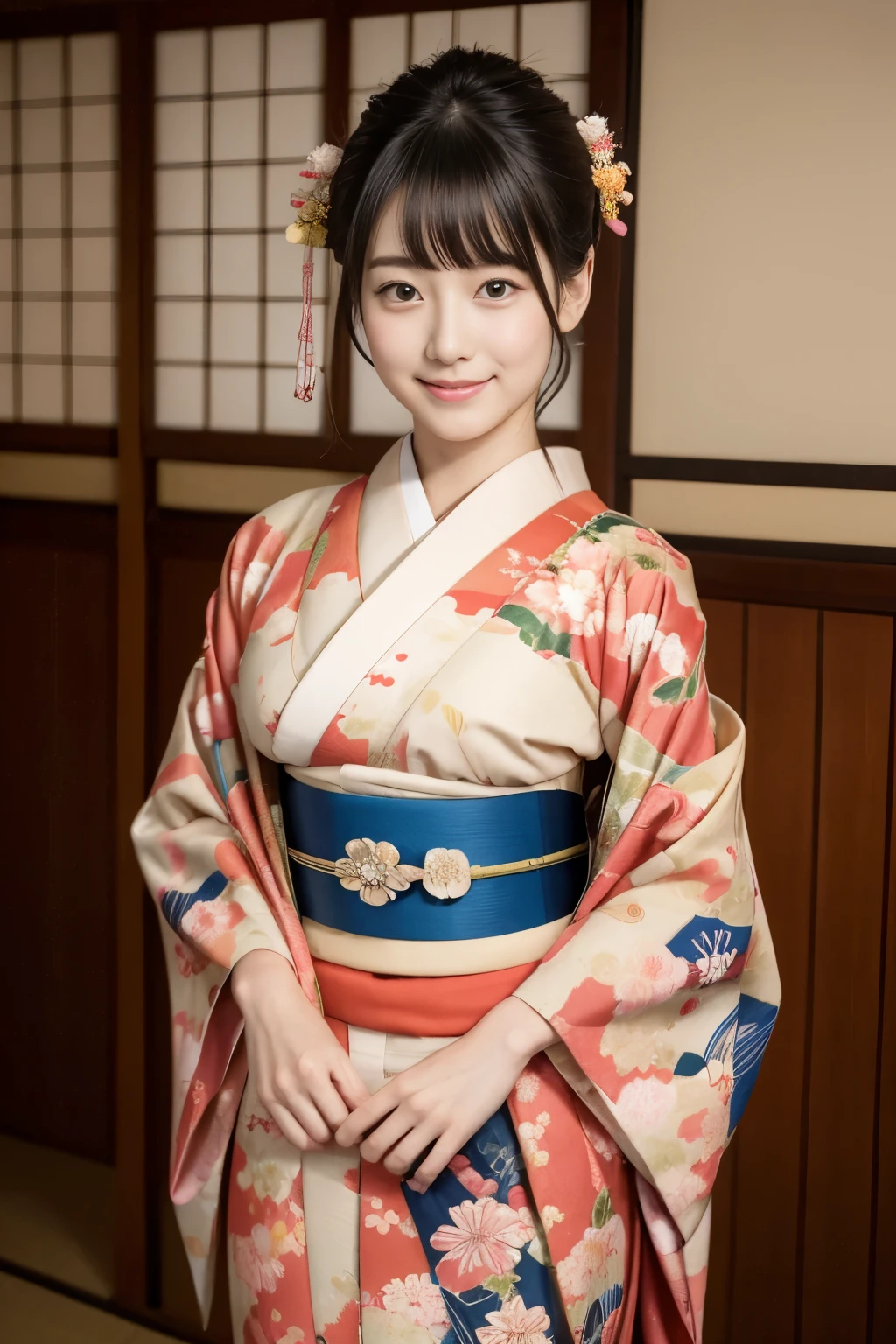 1 beautiful Japan model, 18-year-old female model,  4K、An ultra-high picture quality、bangss、A dark-haired、Kyo-Yuzen、(Kimono, Furisode、Floral pattern in Japanese style:1.5)、(Super cute face in idol style:1.4)、slim and beautiful figure、beutiful breast、A smile、full body Esbian:1.2、