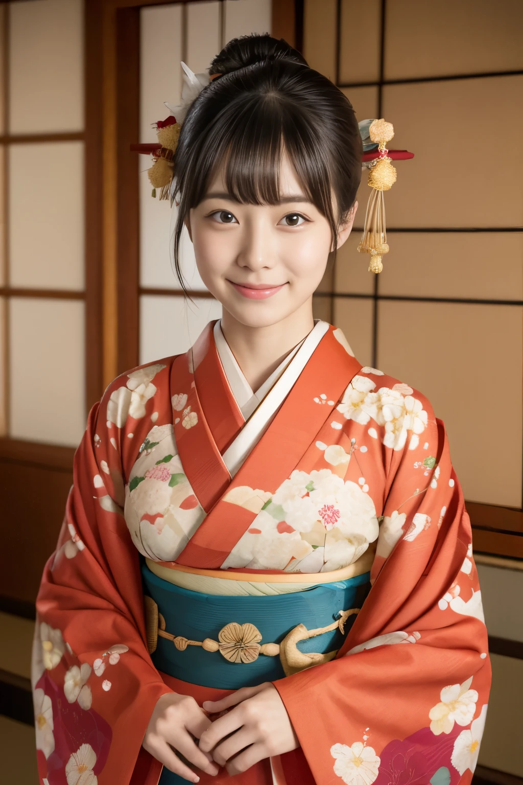 1 beautiful Japan model, 18-year-old female model,  4K、An ultra-high picture quality、bangss、A dark-haired、Kyo-Yuzen、(Kimono, Furisode、Floral pattern in Japanese style:1.5)、(Super cute face in idol style:1.4)、slim and beautiful figure、beutiful breast、A smile、full body Esbian:1.2、