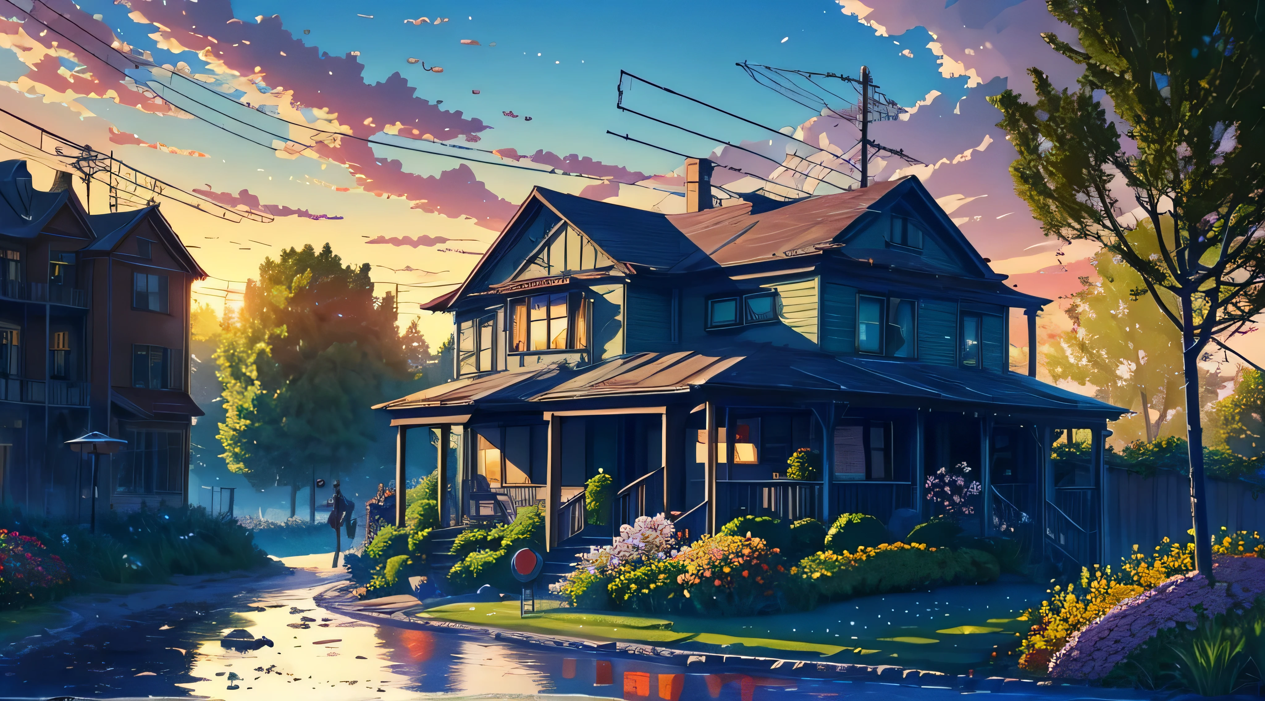 very cozy little place, hyper realism, (anime Makoto Shinkai:0.4), old shabby house in city street, home wiring, outdoors, sky, cloud, day, scenery, tree, blue sky, building, sign, wires, railing, wide shot, utility pole, town, wilderness, flowers, a lot of utensils lying around in a mess