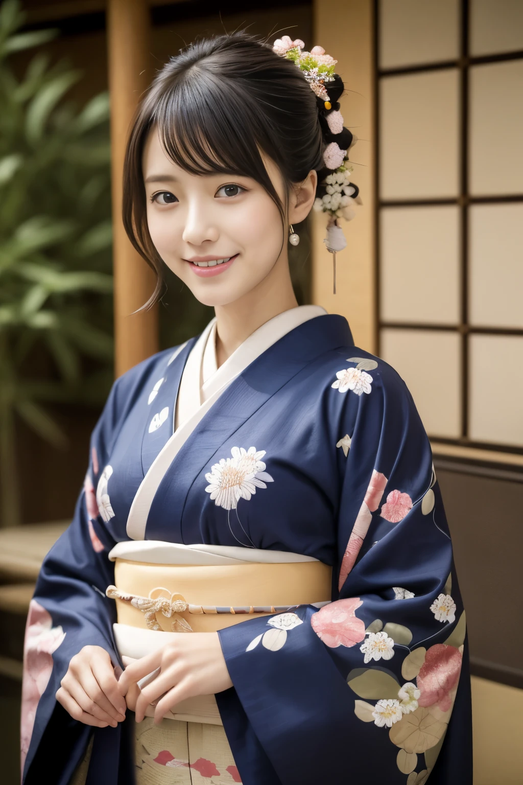 1 beautiful Japan model, 18-year-old female model,  4K、An ultra-high picture quality、bangss、A dark-haired、Kyo-Yuzen、(Kimono, Furisode、Floral pattern in Japanese style:1.5)、(Super cute face in idol style:1.4)、slim and beautiful figure、beutiful breast、A smile、full body Esbian:1.2、January、