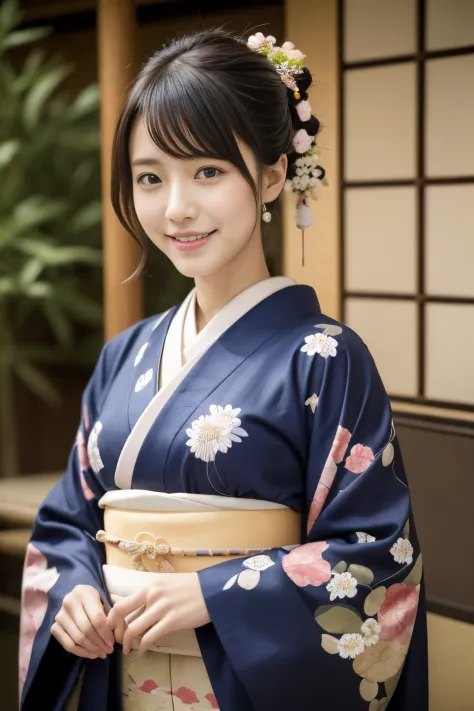 1 beautiful japan model, 18-year-old female model,  4k、an ultra-high picture quality、bangss、a dark-haired、kyo-yuzen、(kimono, fur...