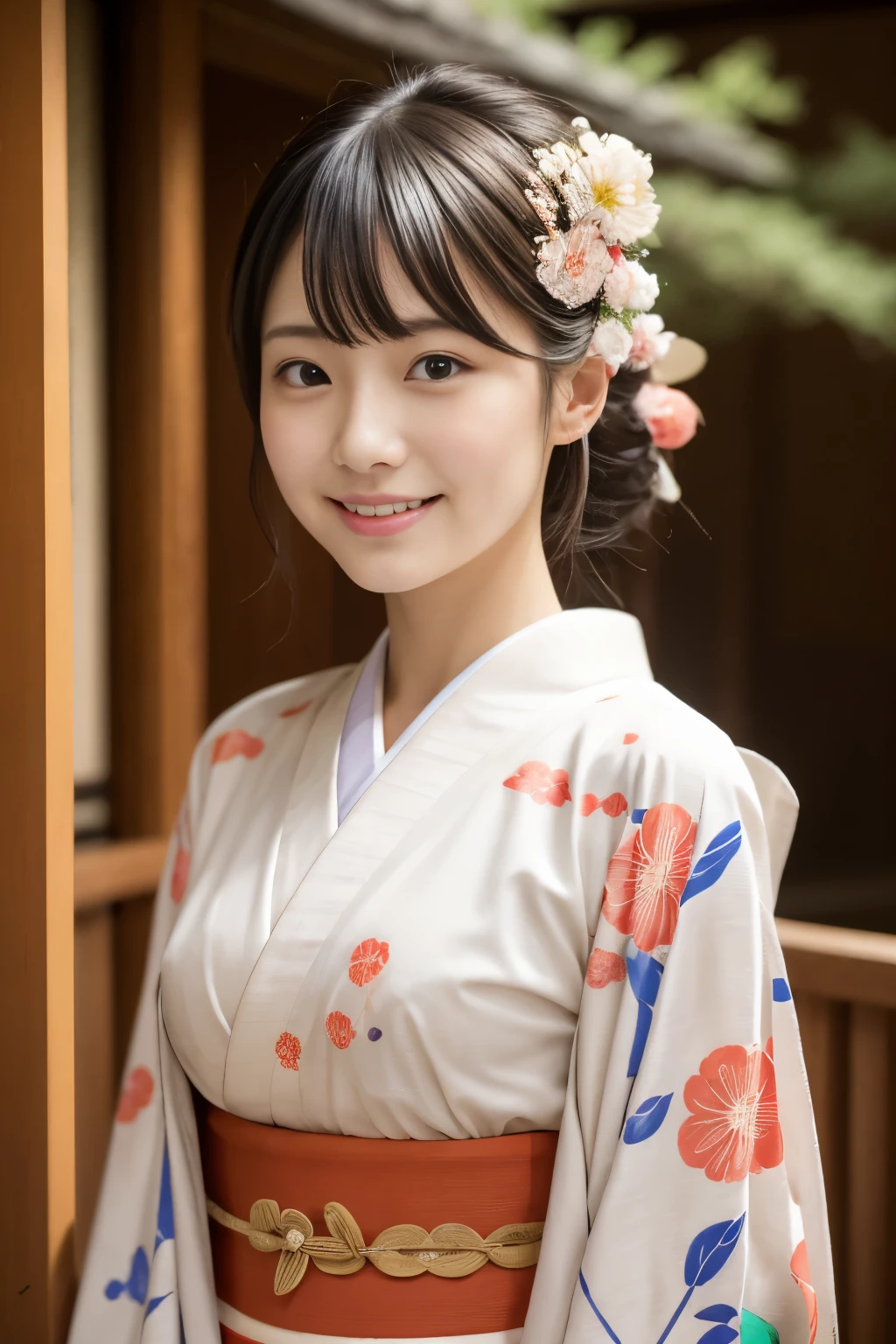 1 beautiful Japan model, 18-year-old female model,  4K、An ultra-high picture quality、bangss、A dark-haired、Kyo-Yuzen、(Kimono, Furisode、Floral pattern in Japanese style:1.5)、(Super cute face in idol style:1.4)、slim and beautiful figure、beutiful breast、A smile、full body Esbian:1.2、January、