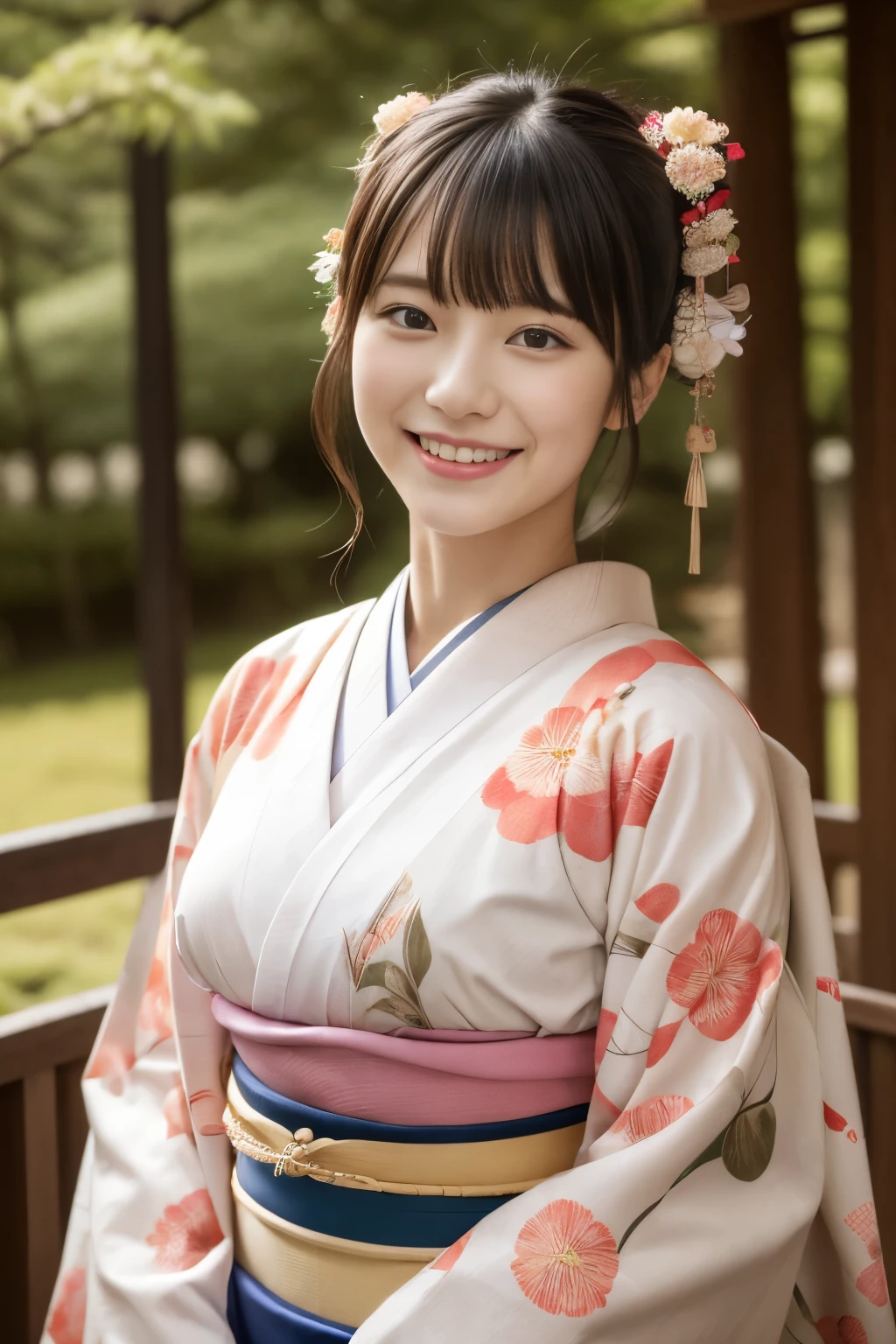 1 linda modelo japonesa, Modelo feminina de 18 anos,  4K、Uma qualidade de imagem ultra-alta、franja、Um moreno、Kyo-Yuzen、(quimono, Furisódio、Padrão floral em estilo japonês:1.5)、(Rosto super fofo no estilo ídolo:1.4)、figura esbelta e bonita、lindo peito、Um sorriso、corpo inteiro Esbian:1.2、janeiro、
